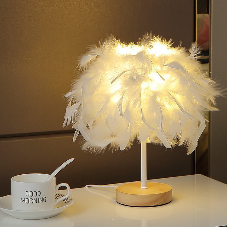 Lampe de table LED rechargeable USB avec base en bois et tissage de plumes Art Déco moderne pour chambre 