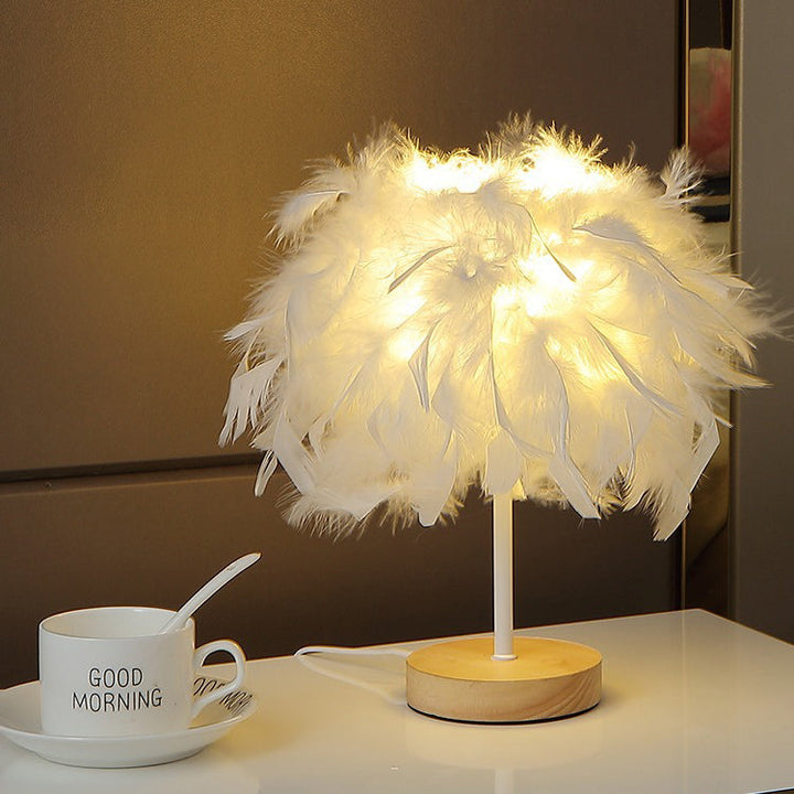 Lampe de table LED rechargeable USB avec base en bois et tissage de plumes Art Déco moderne pour chambre 