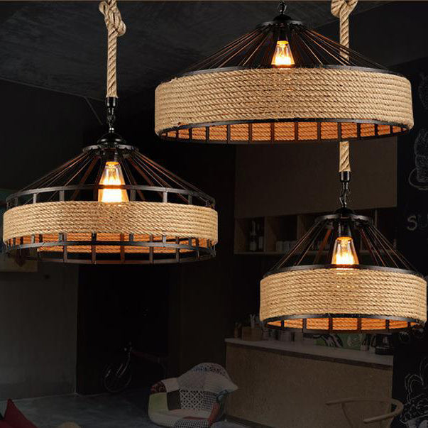 Lámpara colgante de 1 luz de cuerda de cáñamo de hierro redonda rústica tradicional para sala de estar 