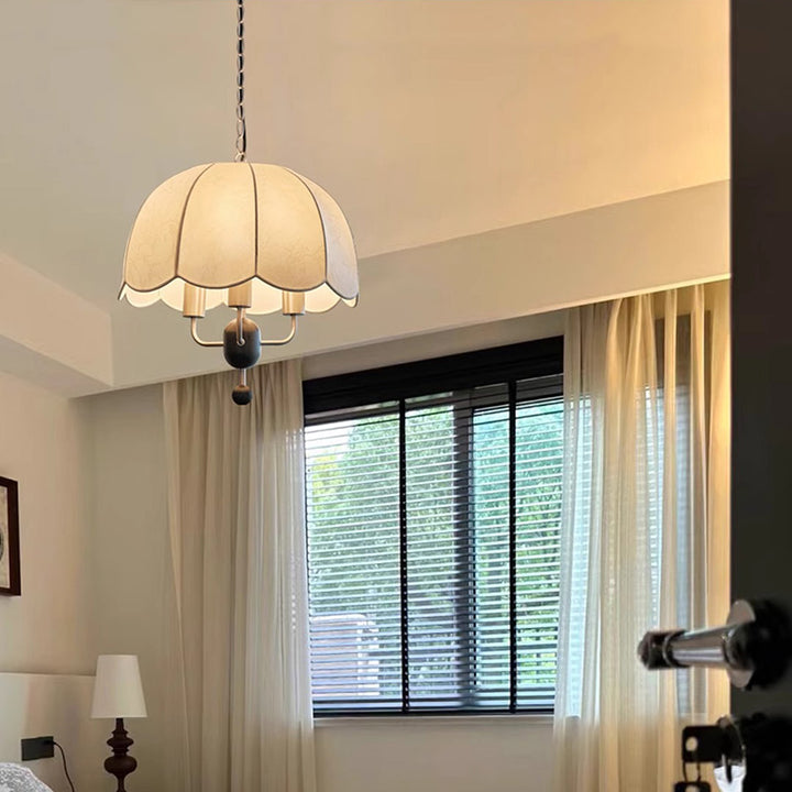 Lustre Suspendu à 3 Lumières en Tissu Rond Traditionnel Français avec Fer et Noyer pour Salon 