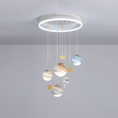 Contemporary Scandinavian Space Planet Acrylic Glass Round Shade LED Kids Flush Mount Ceiling Light For Bedroom