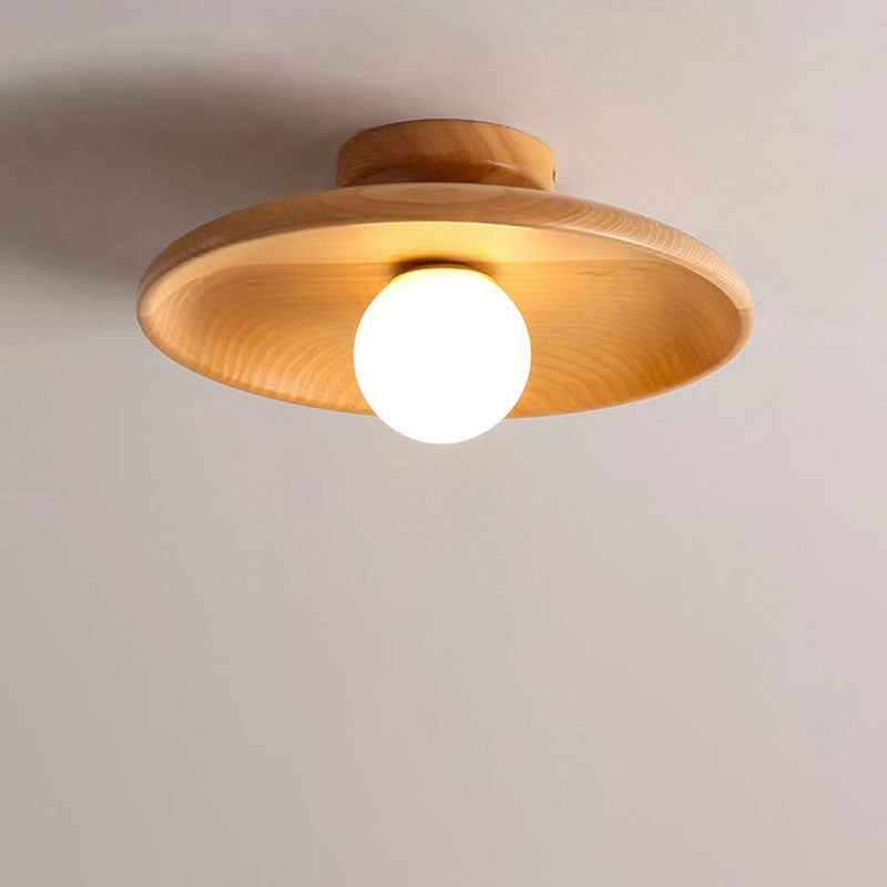 Modern Simplicity Rubberwood Glass Round 1-Light Semi-Flush Mount Ceiling Light For Hallway
