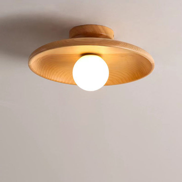 Modern Simplicity Rubberwood Glass Round 1-Light Semi-Flush Mount Ceiling Light For Hallway