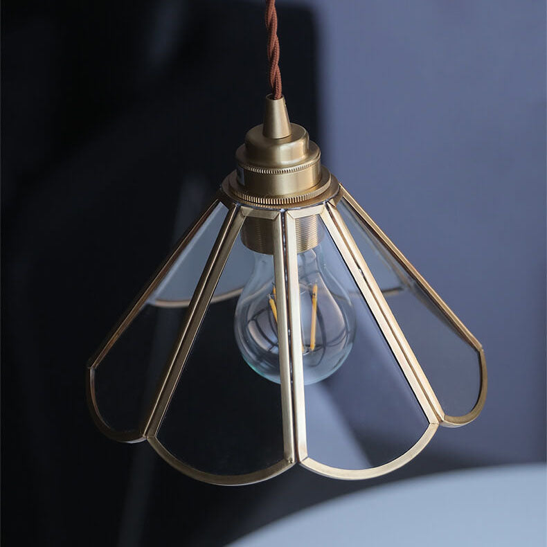 Traditional Japanese Cone Geometric Glass Copper 1-Light Pendant Light