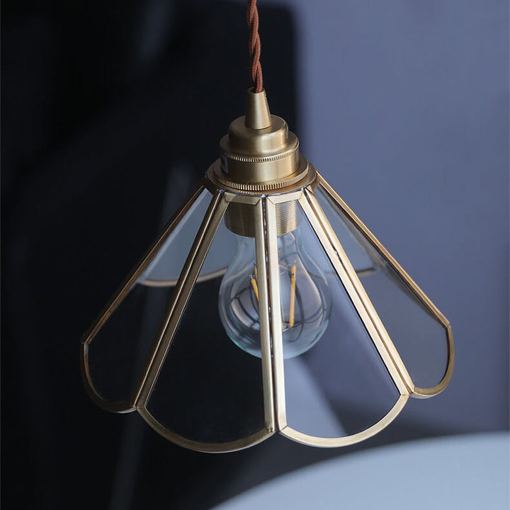 Traditional Japanese Cone Geometric Glass Copper 1-Light Pendant Light