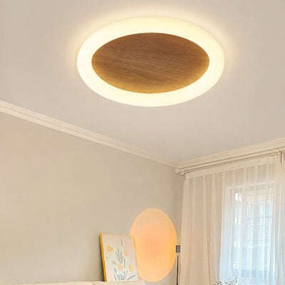 Japanese Minimalist Wood Grain Round Iron LED Flush Mount Ceiling Light