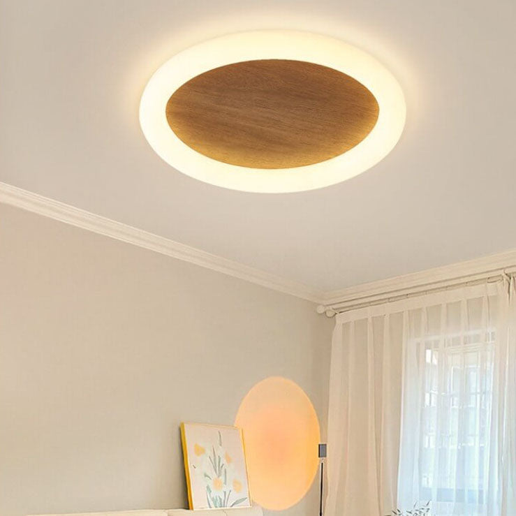 Japanischer minimalistischer Rund-Eisen-LED-Deckenleuchte mit Holzmaserung 