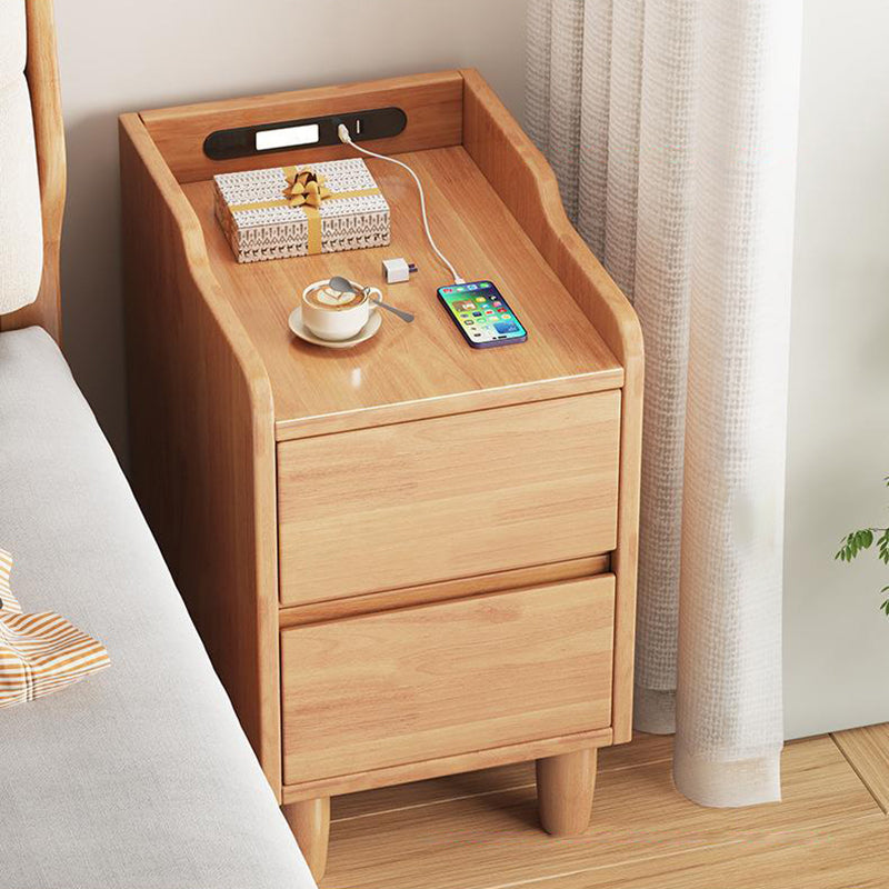 Table de chevet rectangulaire minimaliste moderne en bois de caoutchouc avec 2 tiroirs, lumière de capteur et chargement USB pour chambre 