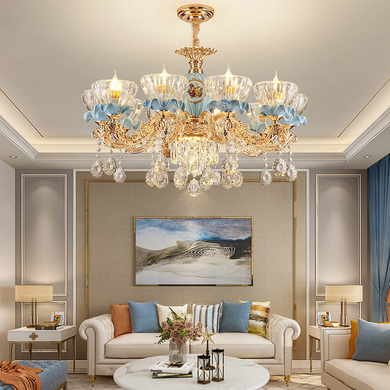 Traditional European Flower Candelabra Zinc Alloy Crystal Glass Ceramic 6/8/10/12-Light Chandelier For Living Room