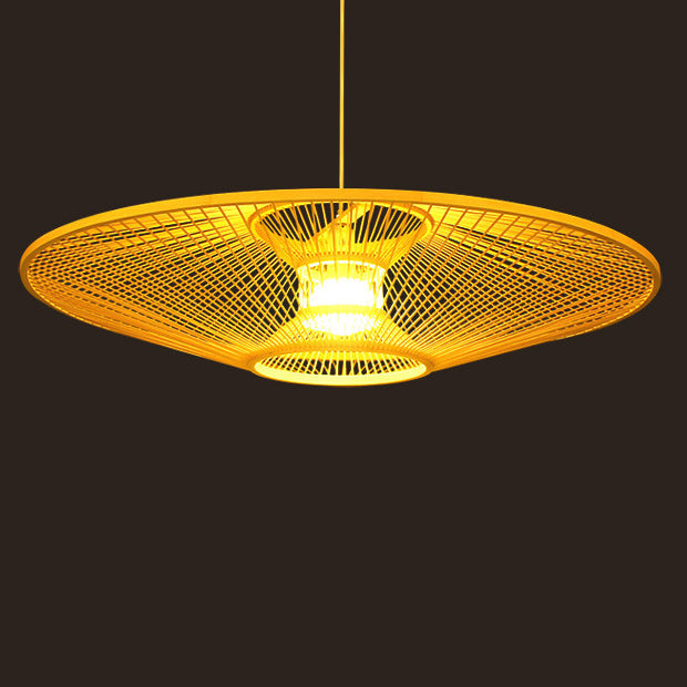 Traditional Vintage Woven Tatami Round Rattan Bamboo 1-Light Pendant Light For Living Room