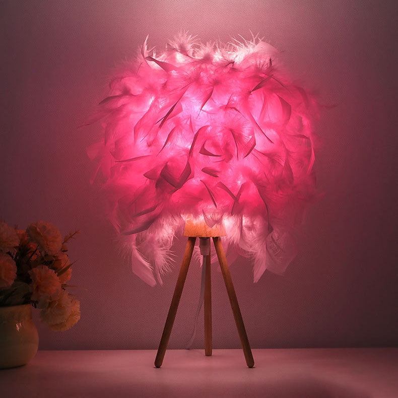Modern Art Deco Feather Wood Cylinder Triangle Base 1-Light Table Lamp For Bedside
