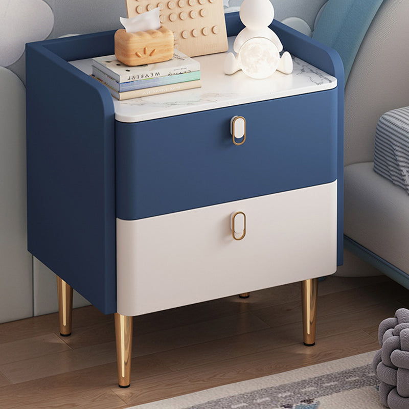 Table de chevet moderne de luxe rectangulaire en bois massif avec plateau en pierre et cuir microfibre à 2 tiroirs pour chambre 
