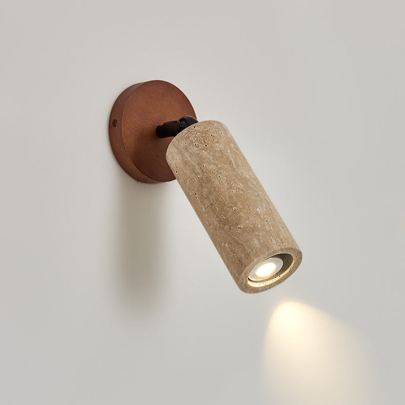 Traditional Japanese Yellow Travertine Walnut Cylindrical Spotlight 1-Light Wall Sconce Lamp For Bedroom