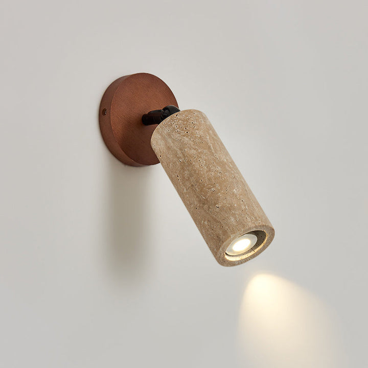 Traditional Japanese Yellow Travertine Walnut Cylindrical Spotlight 1-Light Wall Sconce Lamp For Bedroom