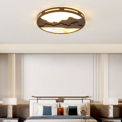 Modern Chinese Wooden Round Mountain Design LED Flush Mount Ceiling Light