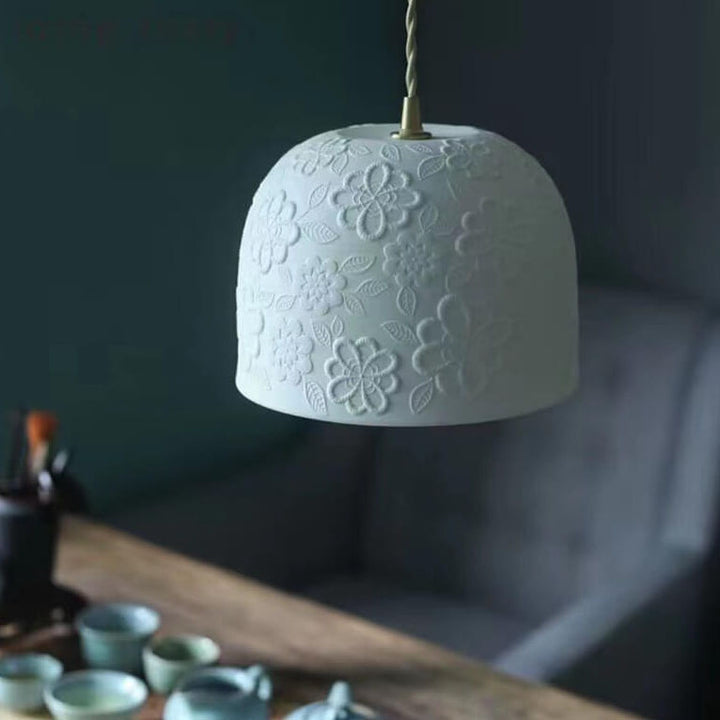 Contemporary Nordic Flower Pattern Ceramic Iron Brass Round Drum 1-Light Pendant Light
