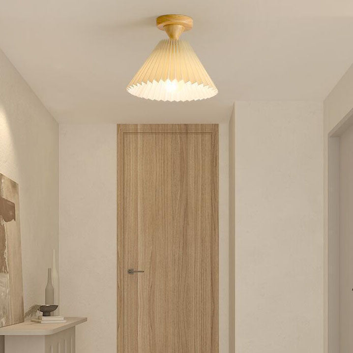 Traditionelle japanische Deckenleuchte aus plissiertem, konischem Stoff mit 1 Licht, halbbündige Montage für Wohnzimmer 