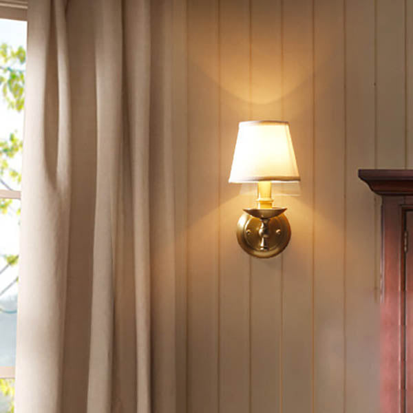 Traditional European Trapezoidal Candelabra Copper Fabric 1-Light Wall Sconce Lamp For Bedroom