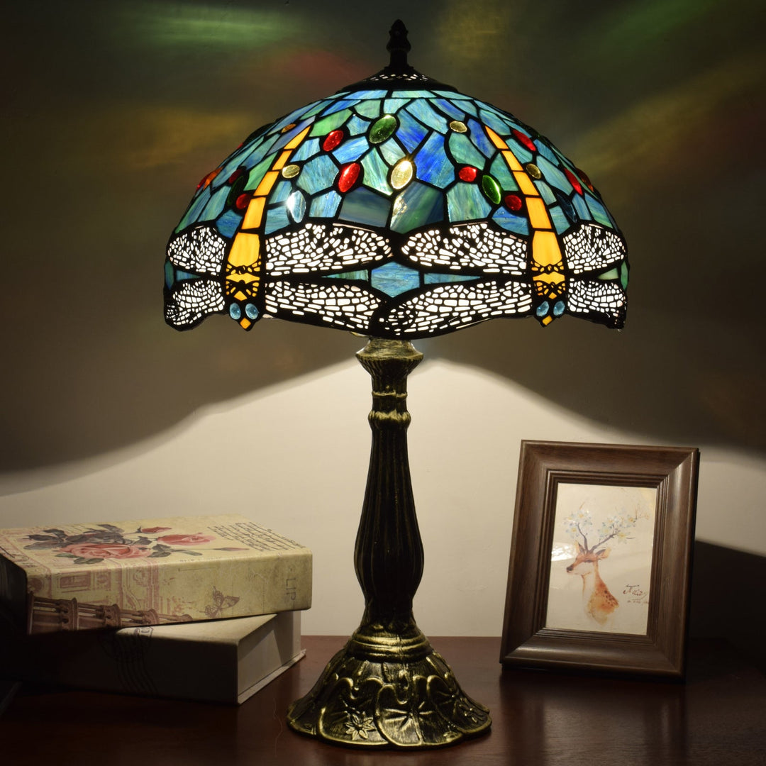 Traditional Tiffany Dragonfly Stained Glass 1-Light Table Lamp For Study