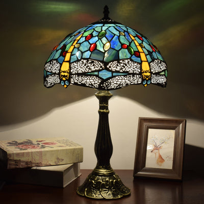 Traditionelle Tiffany Vintage Libelle Buntglas 1-Licht Tischlampe für Arbeitszimmer 