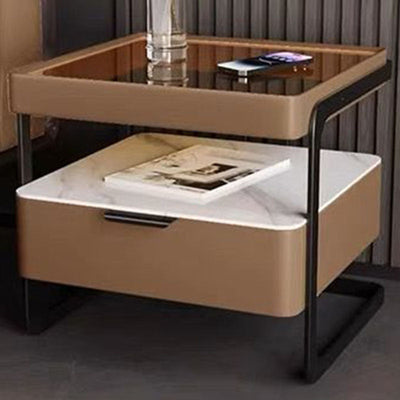 Table de nuit contemporaine nordique rectangulaire en verre renforcé, cuir, dalle de fer et bois avec 1 tiroir pour chambre 