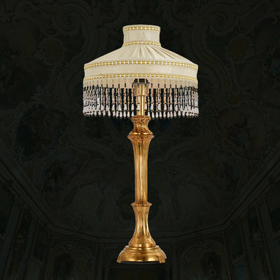 Zeitgenössische Luxus-Tischlampe aus Stoff mit rundem Schirm und Messingsockel, 1 Licht, für das Home Office 