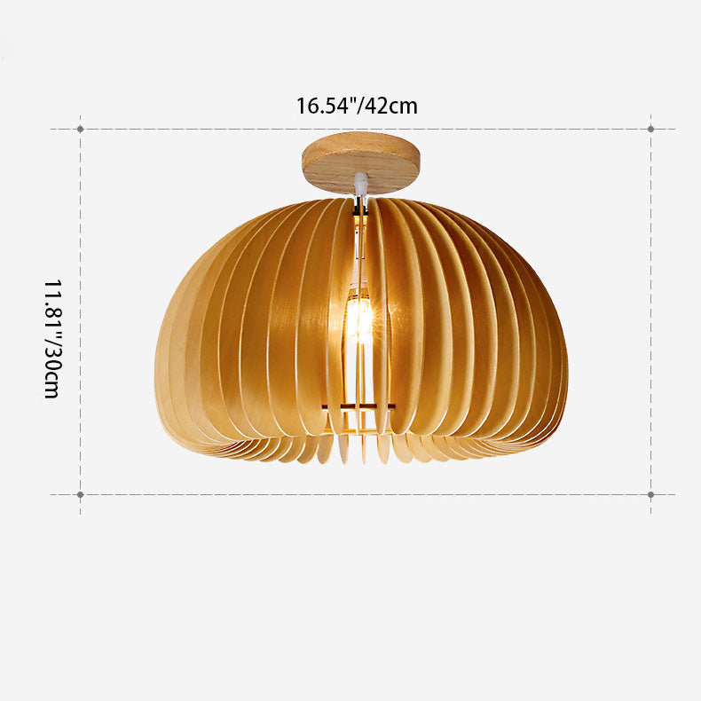 Contemporary Retro Wooden Pumpkin Shape 1-Light Semi-Flush Mount Ceiling Light For Bedroom