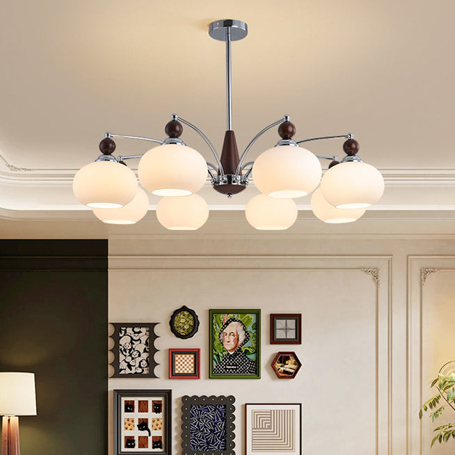 Modern Transitional Glass Round Shade Solid Wood Branch 3/5/6/8 Light Chandelier For Living Room