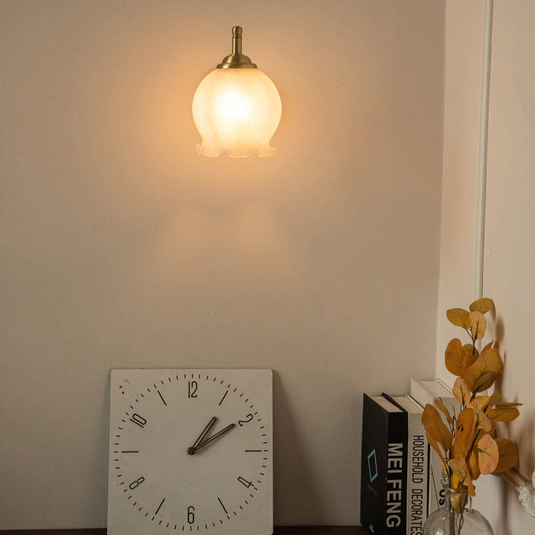 Traditional French Ceramic Glass Flower Shade Solid Wood Base 1-Light Wall Sconce For Living Room