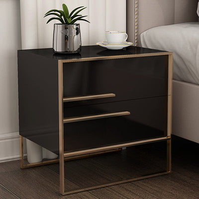 Table de nuit moderne en bois massif cubique avec cadre en acier inoxydable à 2 tiroirs pour chambre 