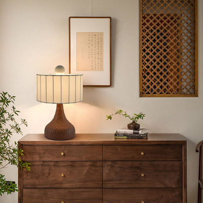 Traditionelle japanische Säule Stoff Harz 1-Licht Tischlampe für Wohnzimmer 