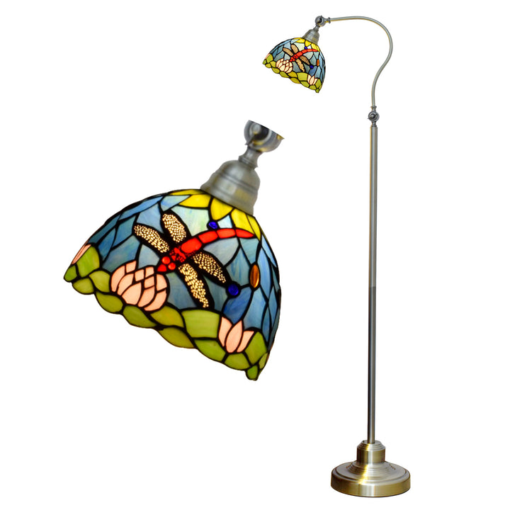 Lampe de sol traditionnelle Tiffany en dôme rond en verre fer avec libellule à 1 lumière pour chevet 