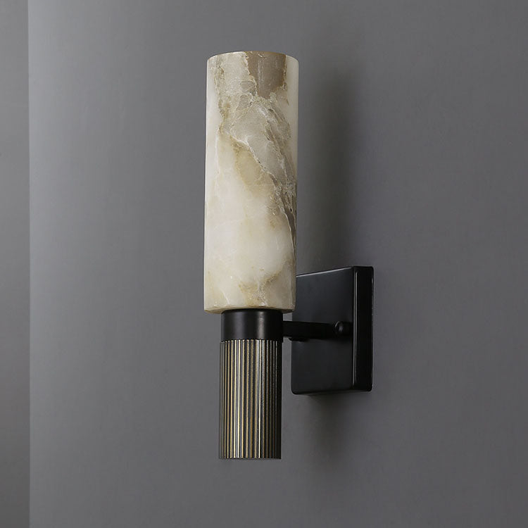 Traditional Chinese Cylinder Marble Copper Iron 1-Light Wall Sconce Lamp For Bedroom