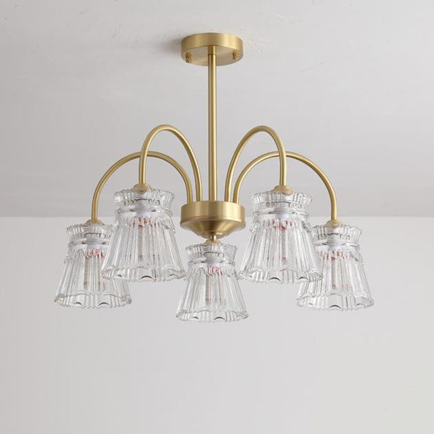 Zeitgenössische Retro gebogene Stange Blume Tasse Kupfer Glas 3/5/6 Licht Kronleuchter für Wohnzimmer 