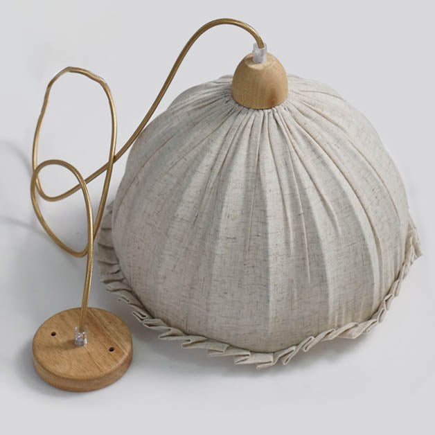 Traditionelle rustikale halbrunde Pendelleuchte aus Gummibaumholz mit Leinen für das Wohnzimmer 