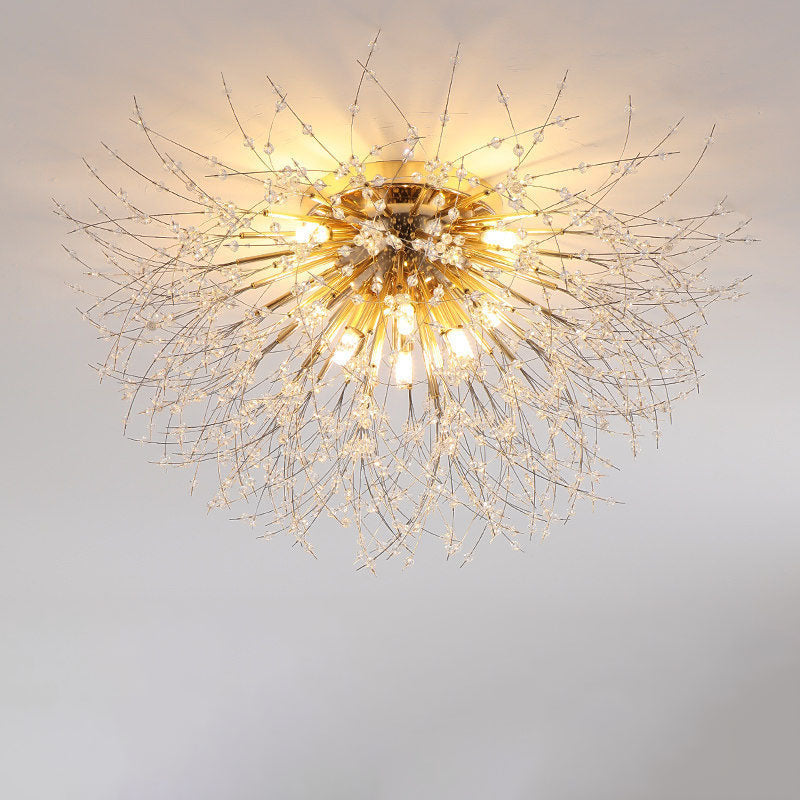 Modern Art Deco Crystal Beads Dandelion Aluminum Strip Shape 4/5/6/8-Light Semi-Flush Mount Ceiling Light For Living Room