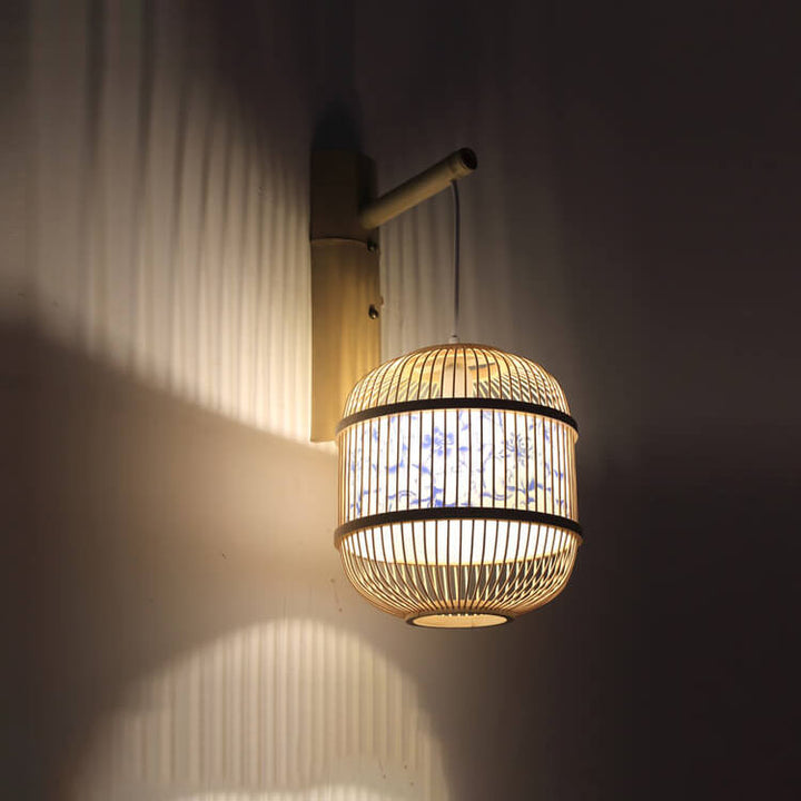 Traditional Chinese Bamboo Weaving Parchment Oval 1-Light Wall Sconce Lamp for Living Room