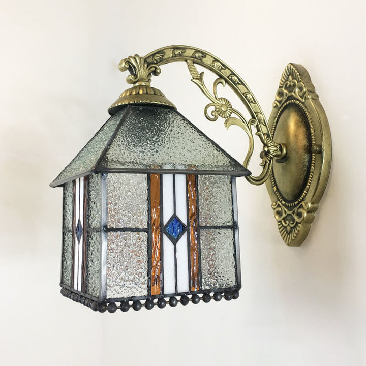 Traditional Tiffany Square House Iron Stained Glass 1-Light Wall Sconce Lamp For Living Room