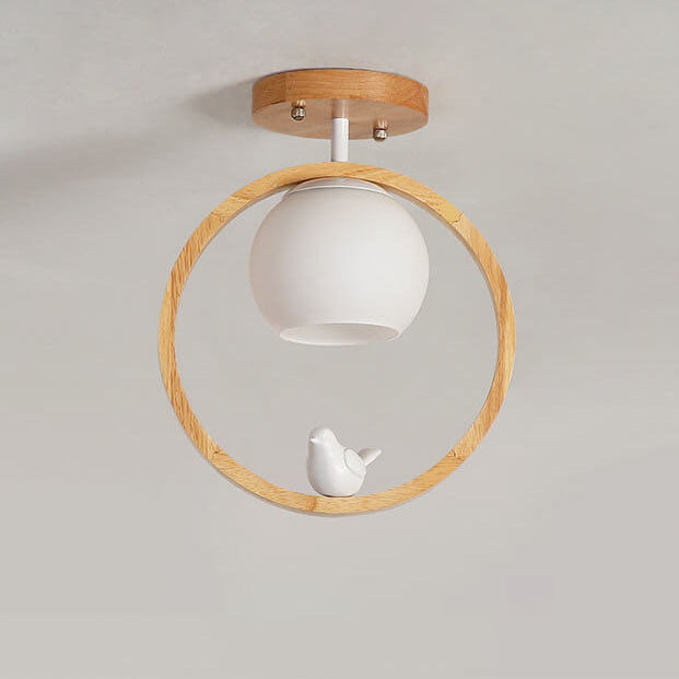 Modern Japanese Minimalist Log Bird Round 1-Light Semi-Flush Mount Ceiling Light