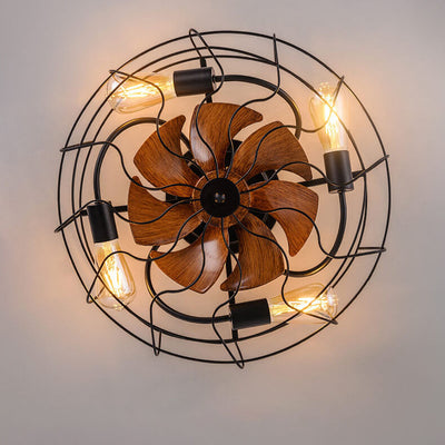 Industrial Vintage Wood Grain Drum Cage Design 3-Light Flush Mount Ceiling Fan Light