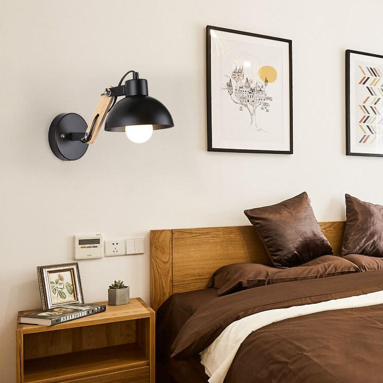 Lámpara de Pared de 1 Luz con Brazo de Madera Ajustable en Semicírculo de Hierro Nórdico Moderno 