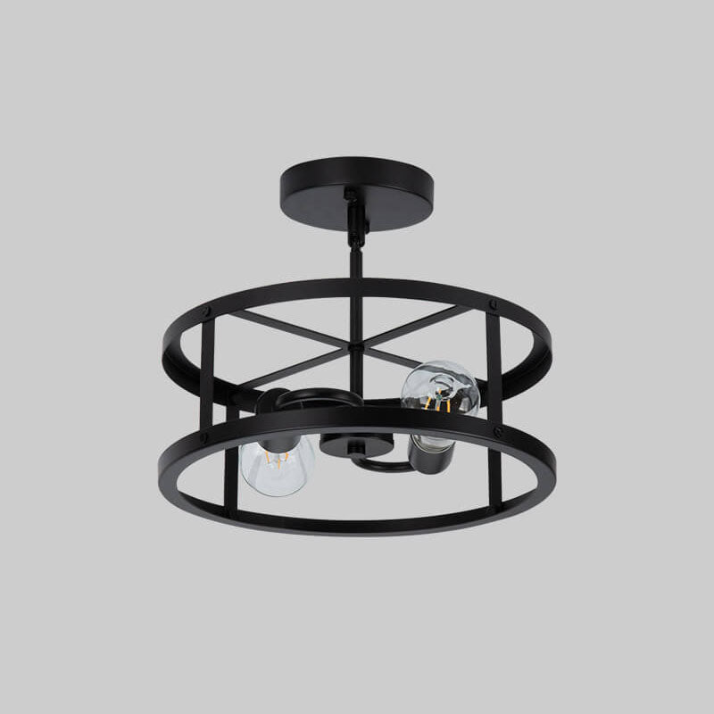 French Industrial Matte Black Wrought Iron Circle 2-Light Flush Mount Ceiling Light