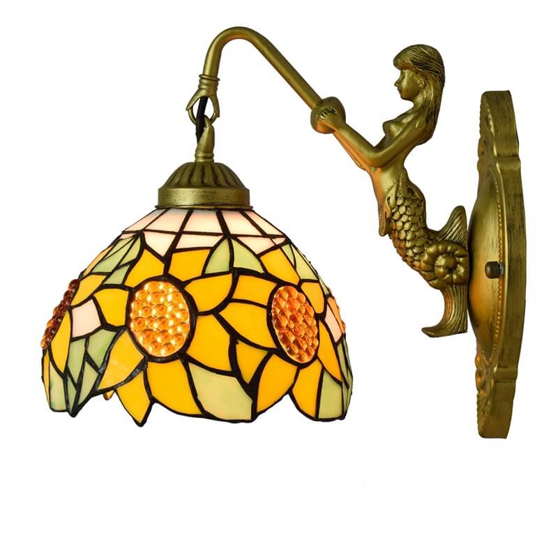 European Vintage Tiffany Sun Flower Stained Glass 1-Light Wall Sconce Lamp