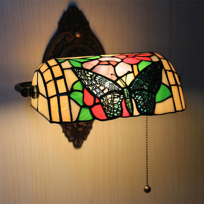 Traditional Tiffany Butterfly Half Cylinder Zinc Stained Glass 1-Light Wall Sconce Lamp For Living Room