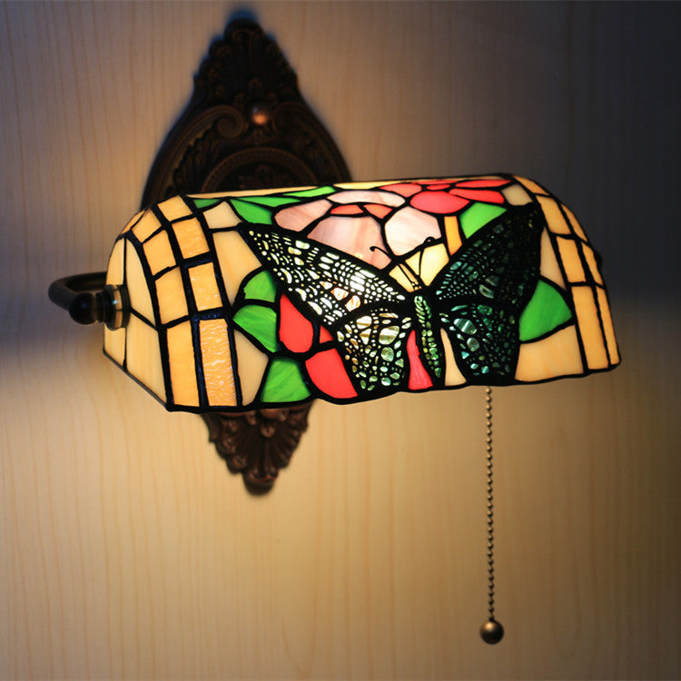 Traditional Tiffany Butterfly Half Cylinder Zinc Stained Glass 1-Light Wall Sconce Lamp For Living Room