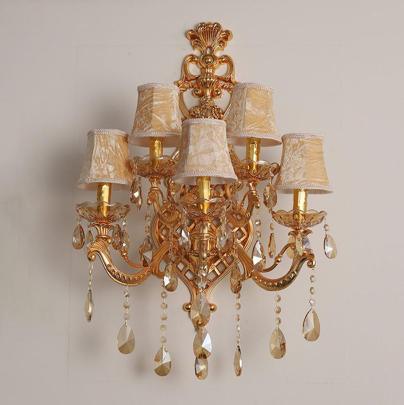 Traditional European Gold Candelabra Glass Crystal Hardware 5-Light Wall Sconce Lamp For Living Room