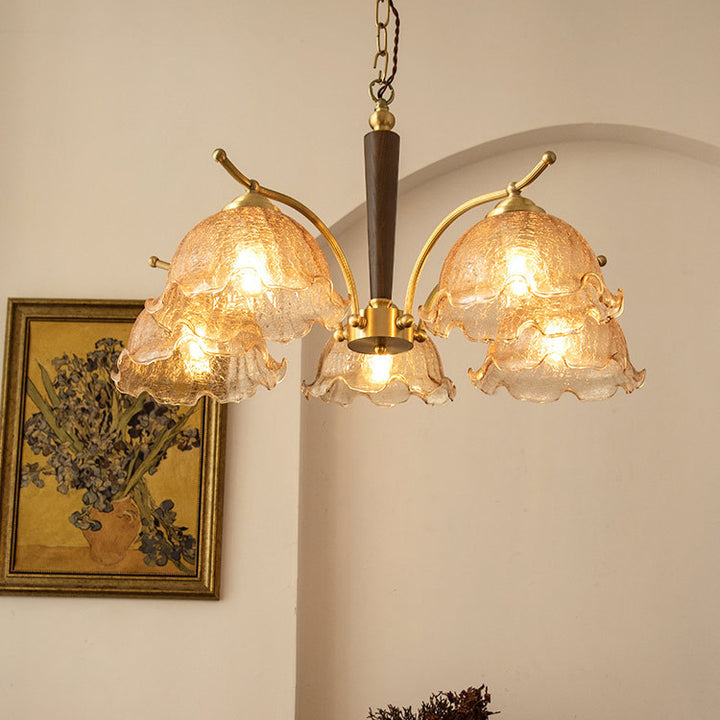 Chandelier en verre à pétales vintage traditionnel tout en cuivre avec 3/5 lumières pour salon 