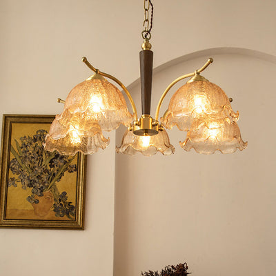 Traditional Vintage Petals All Copper Log Glass 3/5 Light Chandelier For Living Room