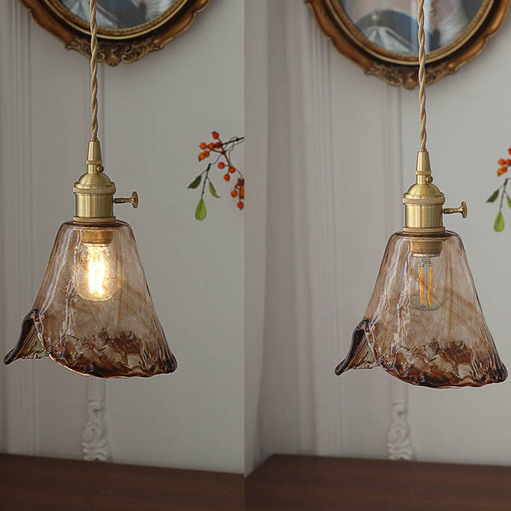 Modern Eclectic Amber Brass Glass Geometric Jar 1-Light Pendant Light For Living Room