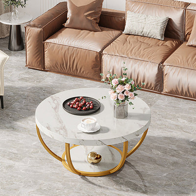 Mesa de café moderna de lujo redonda de tablero de densidad de acero con 1 estante para sala de estar 